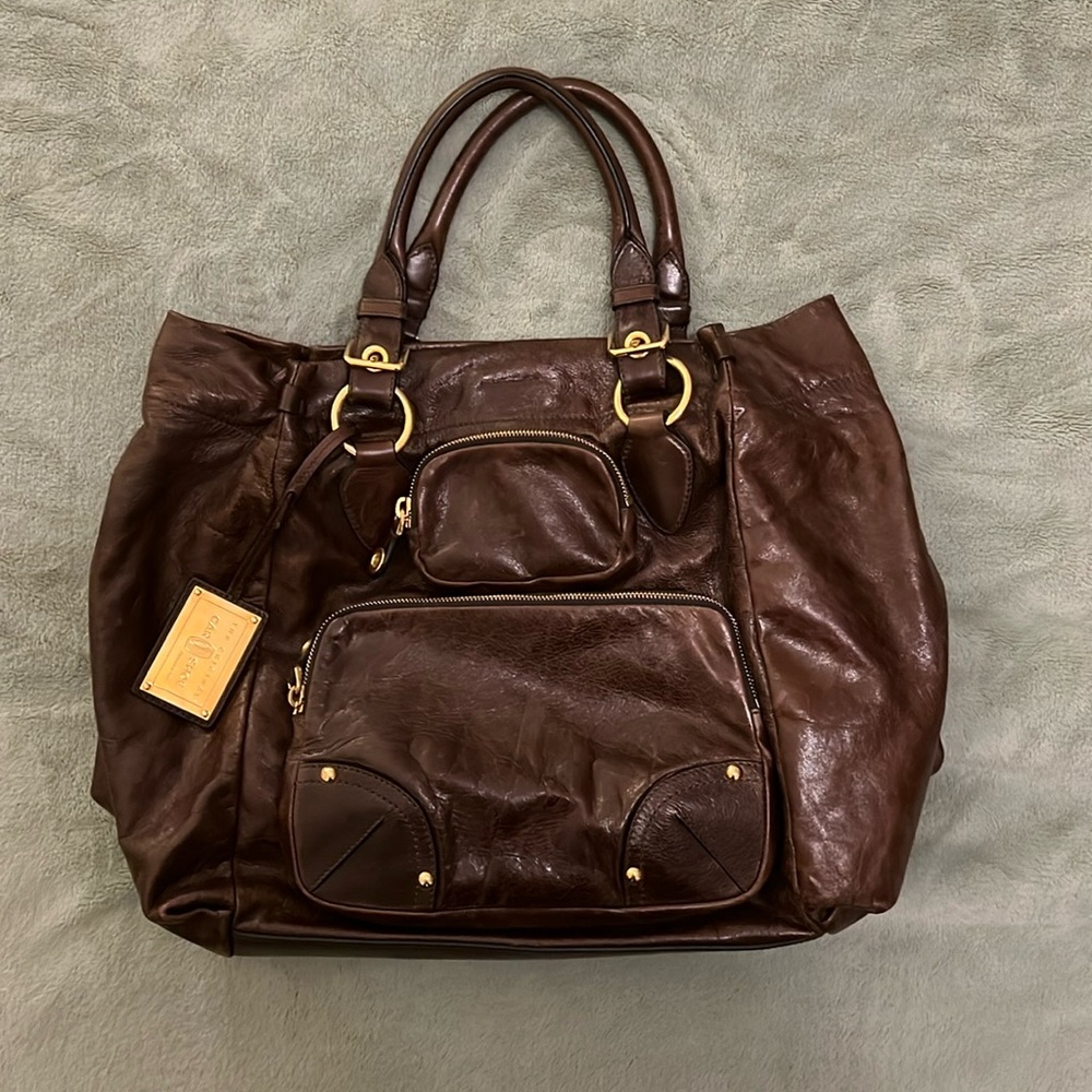 The Car Shoe Bag. Chocolate Brown Leather Handbag w/ Gold Hardware